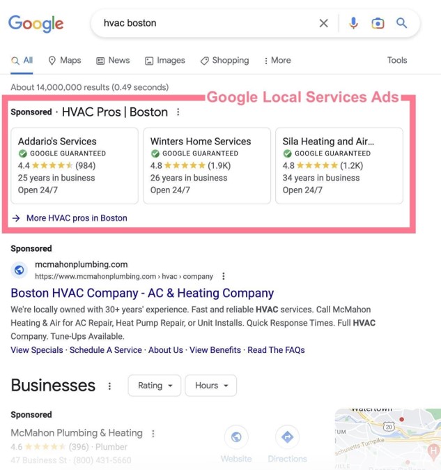 Example of Local Service Ad on computer - Direct Strategies